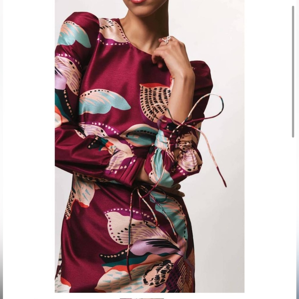 Hutch Burgundy Floral Satin Dress with Teal & Pink Accents